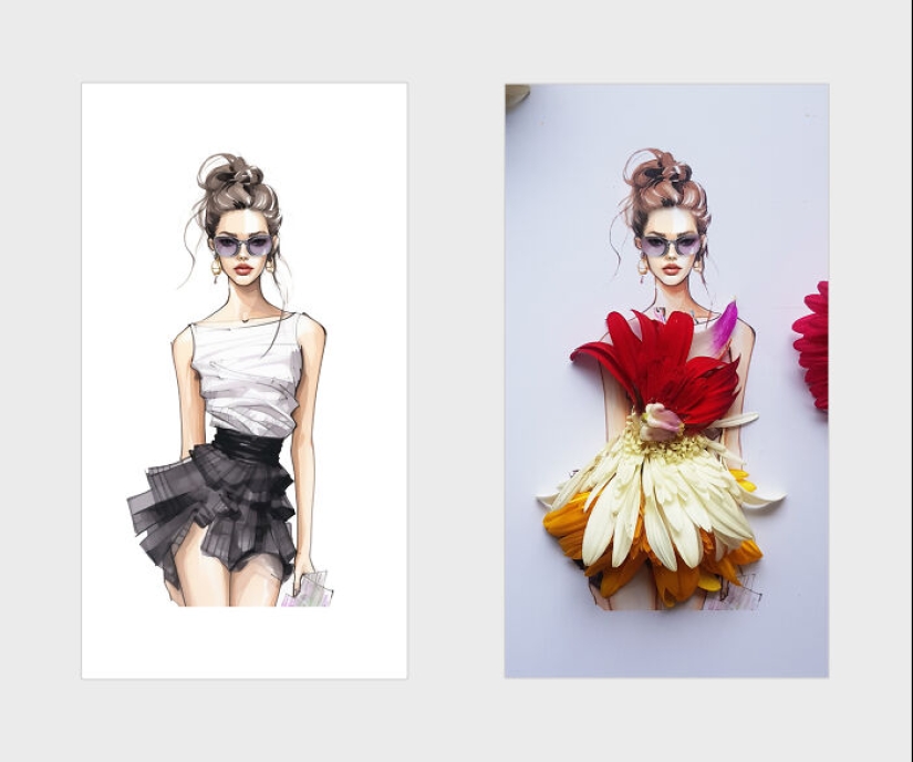Agregué pétalos de flores y hojas a hermosas ilustraciones, aquí está el resultado (14 fotos)