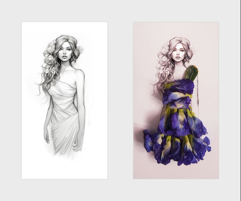 Agregué pétalos de flores y hojas a hermosas ilustraciones, aquí está el resultado (14 fotos)