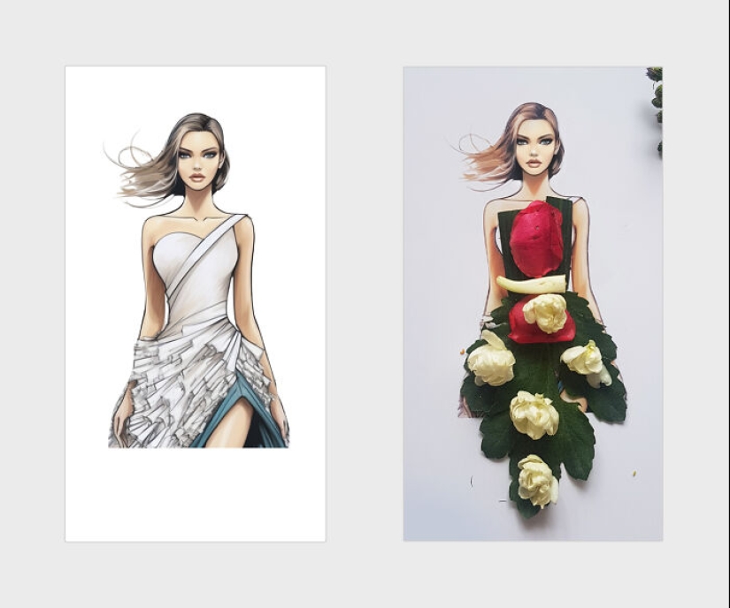 Agregué pétalos de flores y hojas a hermosas ilustraciones, aquí está el resultado (14 fotos)