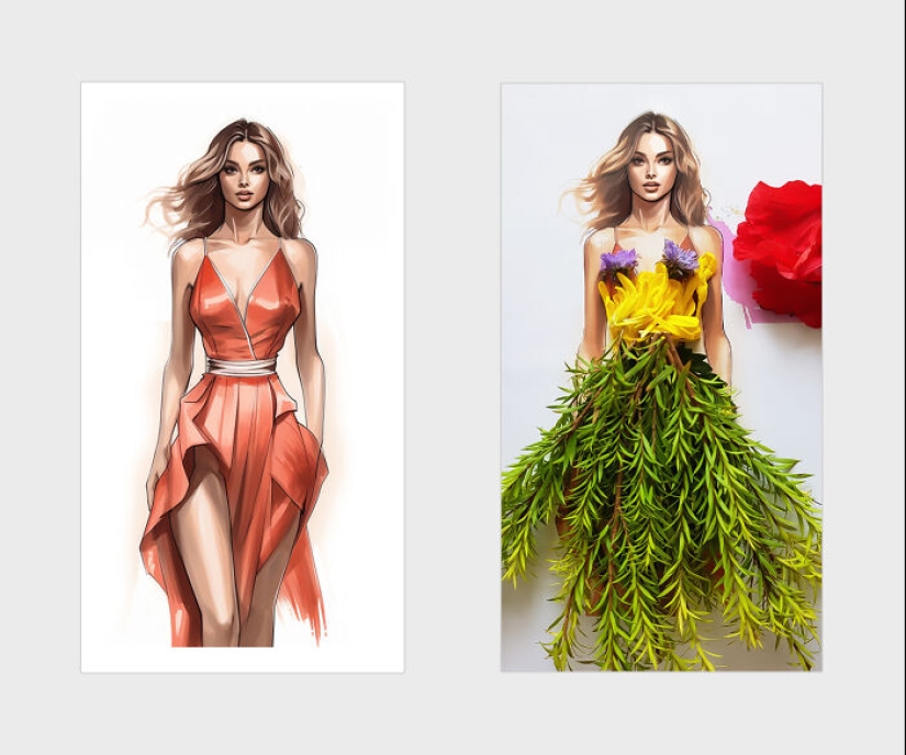 Agregué pétalos de flores y hojas a hermosas ilustraciones, aquí está el resultado (14 fotos)