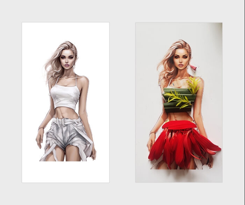Agregué pétalos de flores y hojas a hermosas ilustraciones, aquí está el resultado (14 fotos)