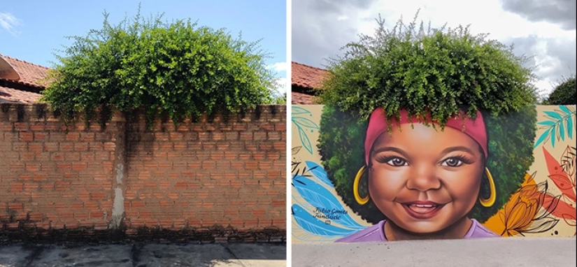 Artista callejero continúa pintando retratos en paredes junto a árboles que también sirven como cabello Artista callejero continúa pintando retratos en paredes junto a árboles que también sirven como cabello