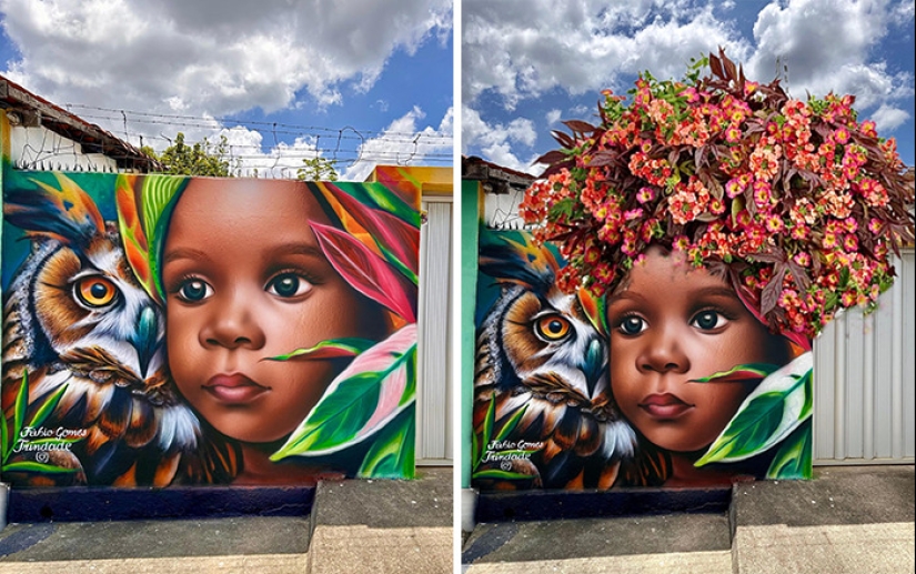 Artista callejero continúa pintando retratos en paredes junto a árboles que también sirven como cabello Artista callejero continúa pintando retratos en paredes junto a árboles que también sirven como cabello