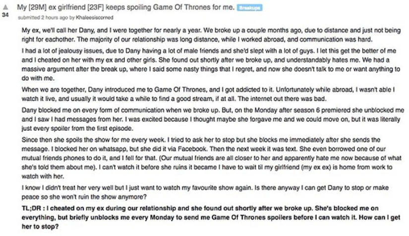 Bloody Retribution: Ex takes revenge on boyfriend by sending "Game of Thrones" spoilers
