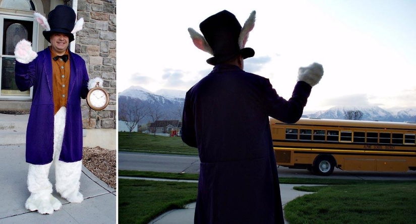 Cheerful dad escorts his son to school or "Don't teach your father to joke" Cheerful dad escorts his son to school or "Don't teach your father to joke"
