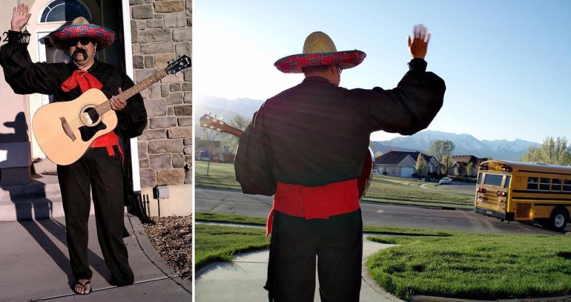 Cheerful dad escorts his son to school or "Don't teach your father to joke" Cheerful dad escorts his son to school or "Don't teach your father to joke"