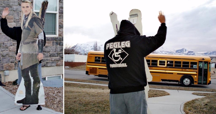 Cheerful dad escorts his son to school or "Don't teach your father to joke" Cheerful dad escorts his son to school or "Don't teach your father to joke"