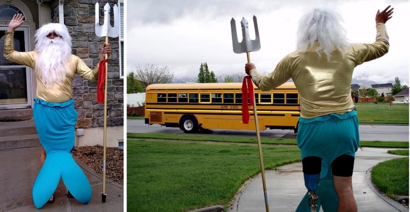 Cheerful dad escorts his son to school or "Don't teach your father to joke" Cheerful dad escorts his son to school or "Don't teach your father to joke"