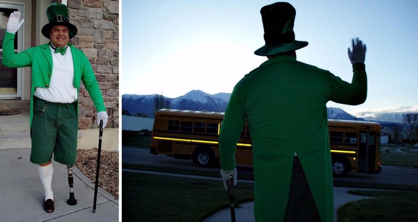 Cheerful dad escorts his son to school or "Don't teach your father to joke" Cheerful dad escorts his son to school or "Don't teach your father to joke"