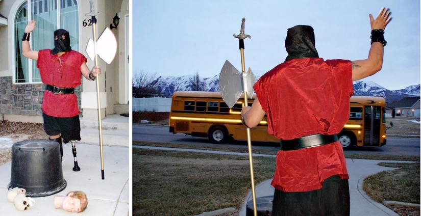Cheerful dad escorts his son to school or "Don't teach your father to joke" Cheerful dad escorts his son to school or "Don't teach your father to joke"