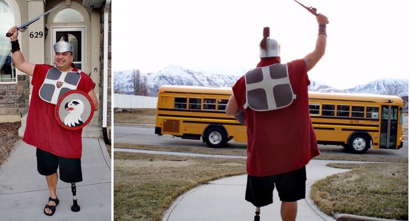 Cheerful dad escorts his son to school or "Don't teach your father to joke" Cheerful dad escorts his son to school or "Don't teach your father to joke"