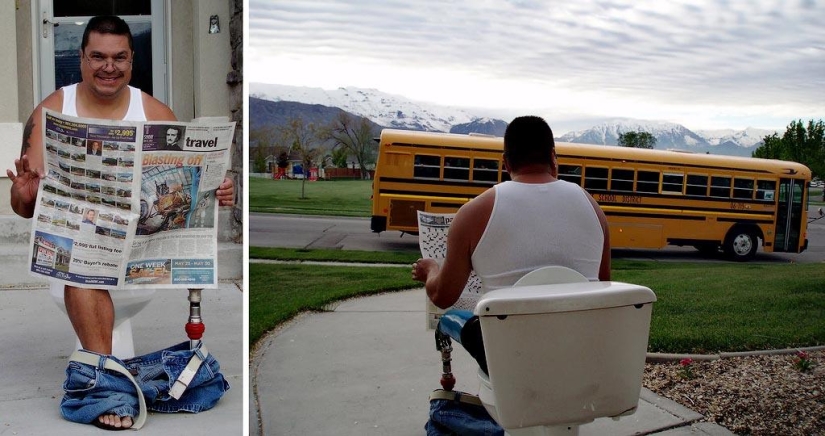 Cheerful dad escorts his son to school or "Don't teach your father to joke" Cheerful dad escorts his son to school or "Don't teach your father to joke"