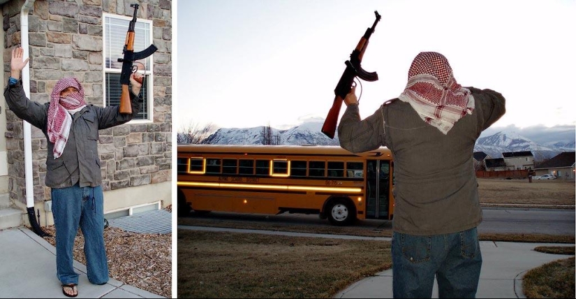 Cheerful dad escorts his son to school or "Don't teach your father to joke" Cheerful dad escorts his son to school or "Don't teach your father to joke"
