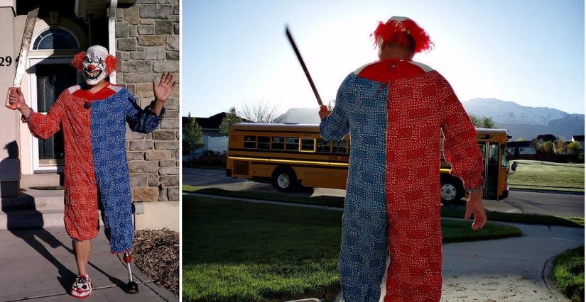 Cheerful dad escorts his son to school or "Don't teach your father to joke" Cheerful dad escorts his son to school or "Don't teach your father to joke"