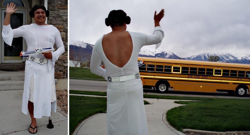 Cheerful dad escorts his son to school or "Don't teach your father to joke" Cheerful dad escorts his son to school or "Don't teach your father to joke"