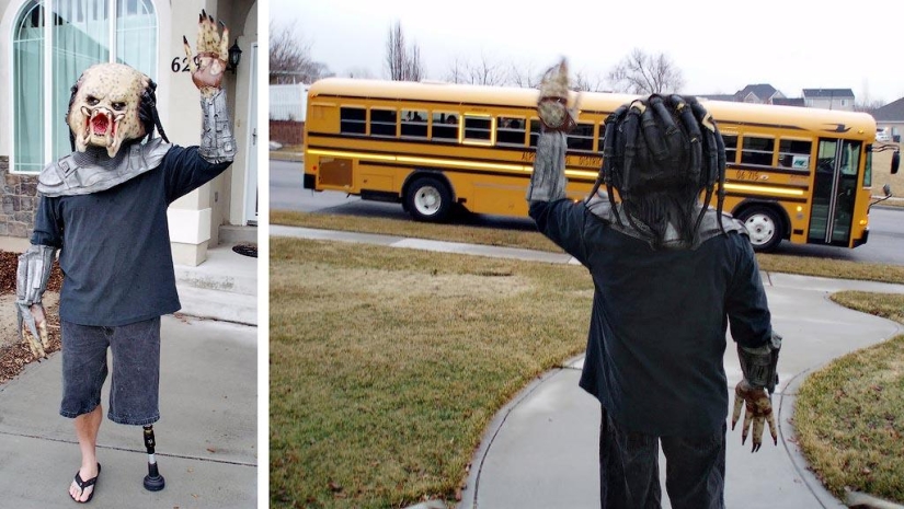 Cheerful dad escorts his son to school or "Don't teach your father to joke" Cheerful dad escorts his son to school or "Don't teach your father to joke"