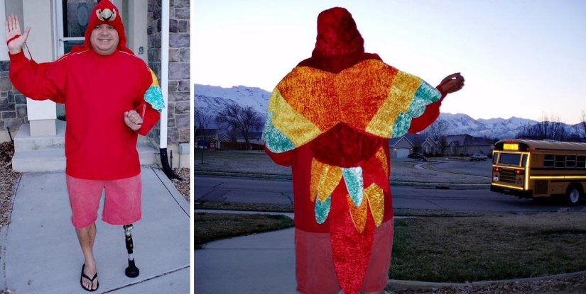 Cheerful dad escorts his son to school or "Don't teach your father to joke" Cheerful dad escorts his son to school or "Don't teach your father to joke"