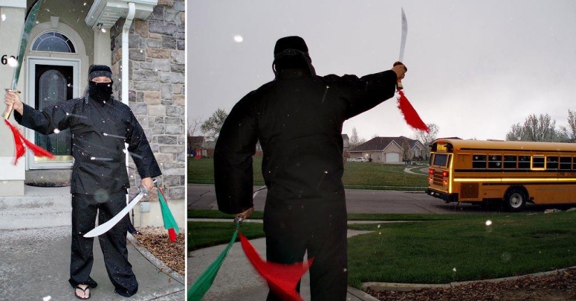 Cheerful dad escorts his son to school or "Don't teach your father to joke" Cheerful dad escorts his son to school or "Don't teach your father to joke"