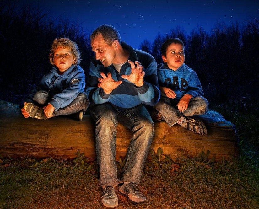 Childhood in the frame: dad takes a picture of his son