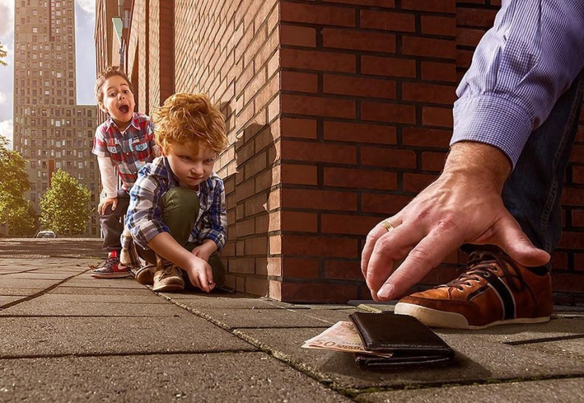 Childhood in the frame: dad takes a picture of his son