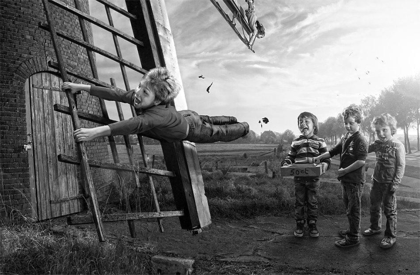 Childhood in the frame: dad takes a picture of his son