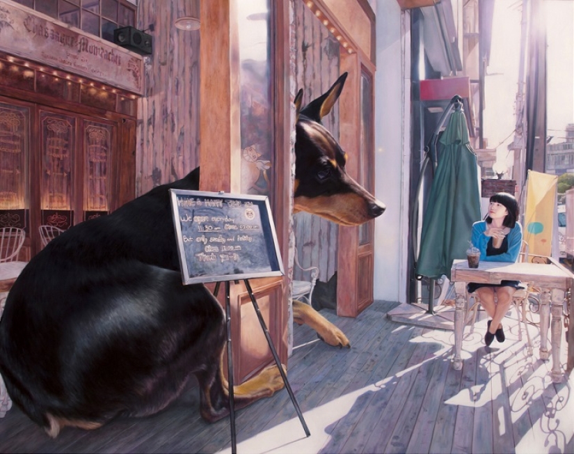 Dibujos realistas de un perro gigante y una linda chica coreana Dibujos realistas de un perro gigante y una linda chica coreana