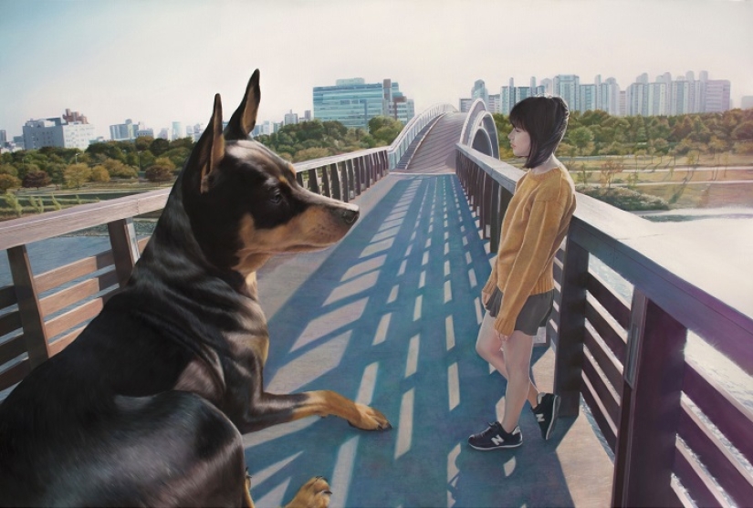 Dibujos realistas de un perro gigante y una linda chica coreana Dibujos realistas de un perro gigante y una linda chica coreana