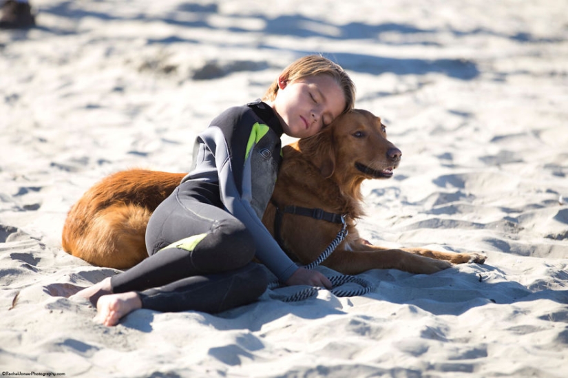 Dog Ricochet surfs with sick people and helps them recover