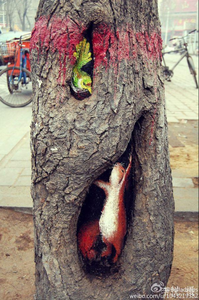 Drawings on the trees cheer up the townspeople