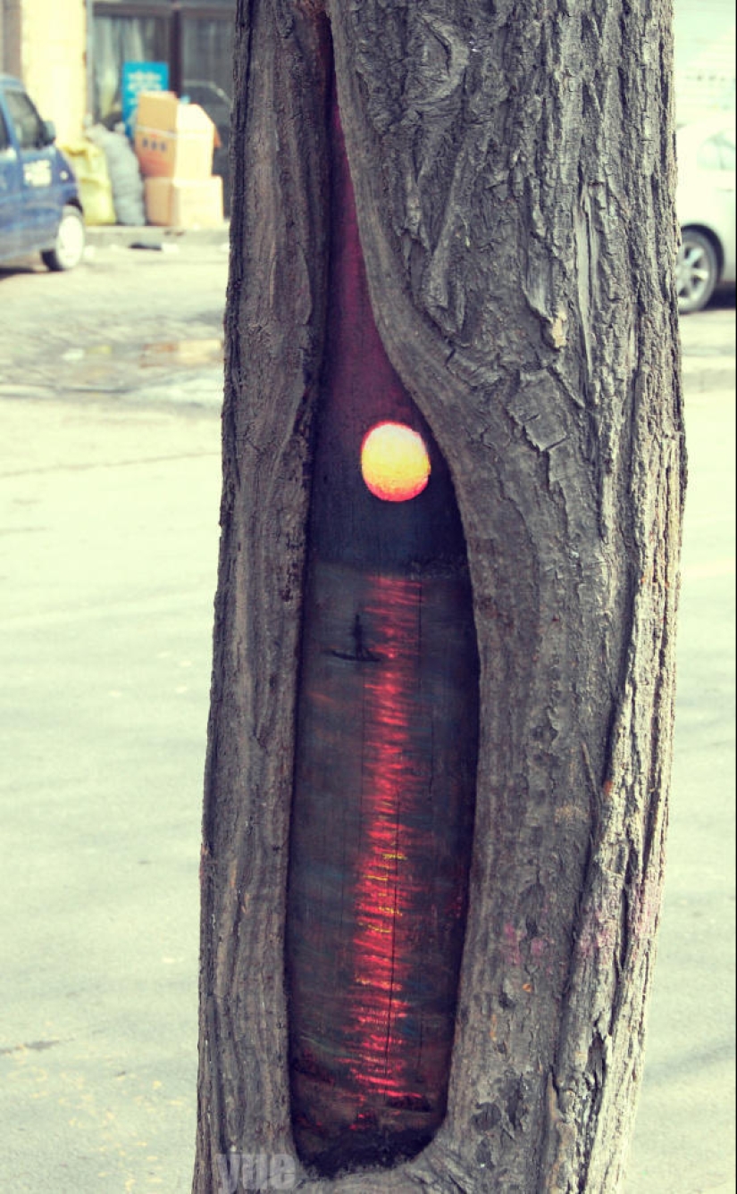Drawings on the trees cheer up the townspeople