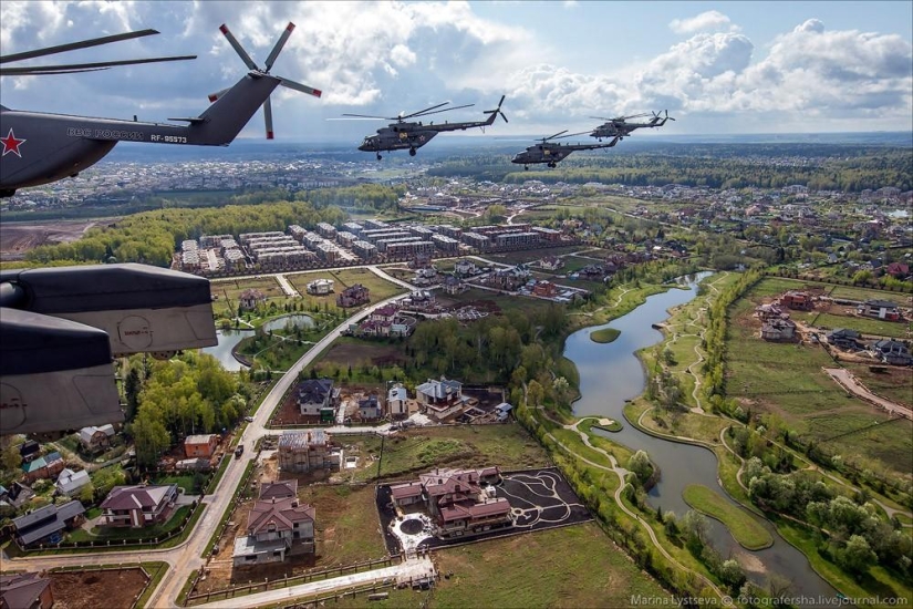 Dress rehearsal for the Victory Parade and Moscow from a helicopter