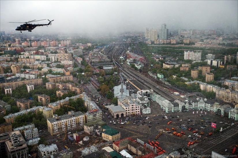 Dress rehearsal for the Victory Parade and Moscow from a helicopter