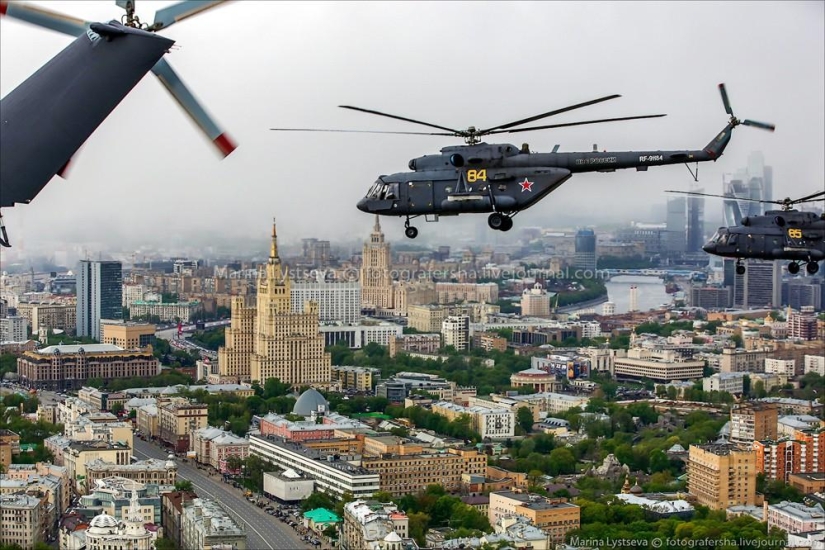 Dress rehearsal for the Victory Parade and Moscow from a helicopter