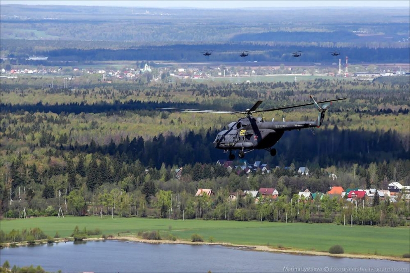 Dress rehearsal for the Victory Parade and Moscow from a helicopter
