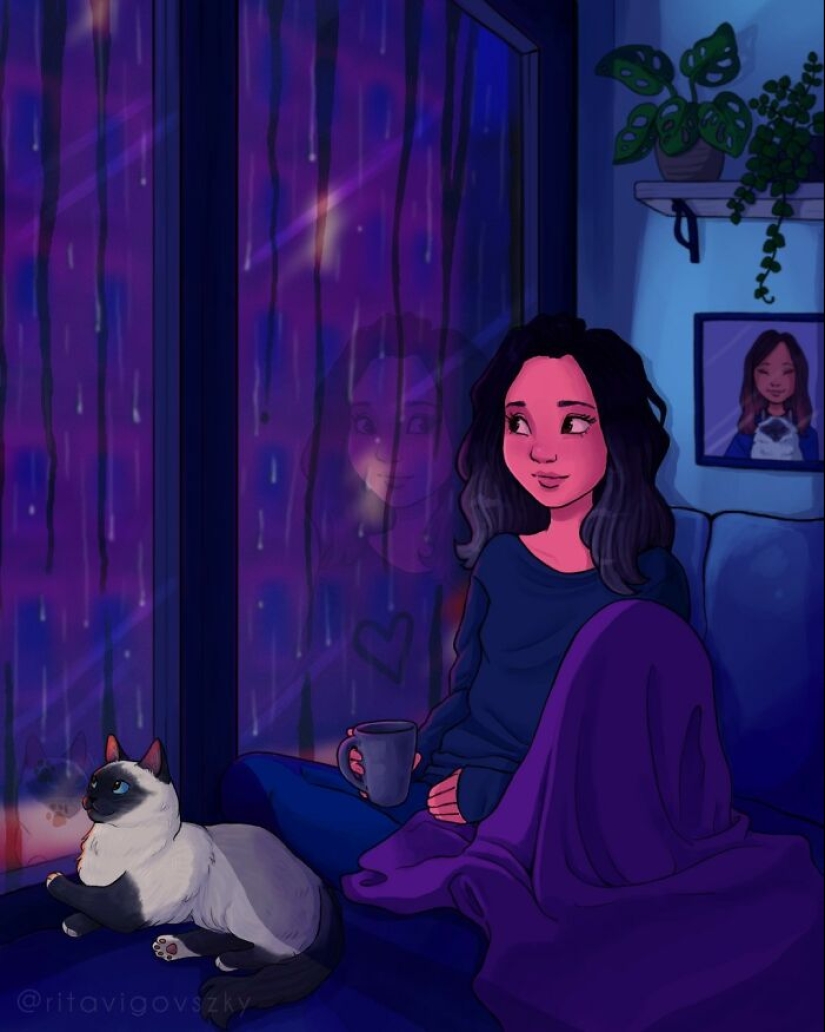 El artista crea ilustraciones conmovedoras sobre las alegrías de tener gatos. El artista crea ilustraciones conmovedoras sobre las alegrías de tener gatos.