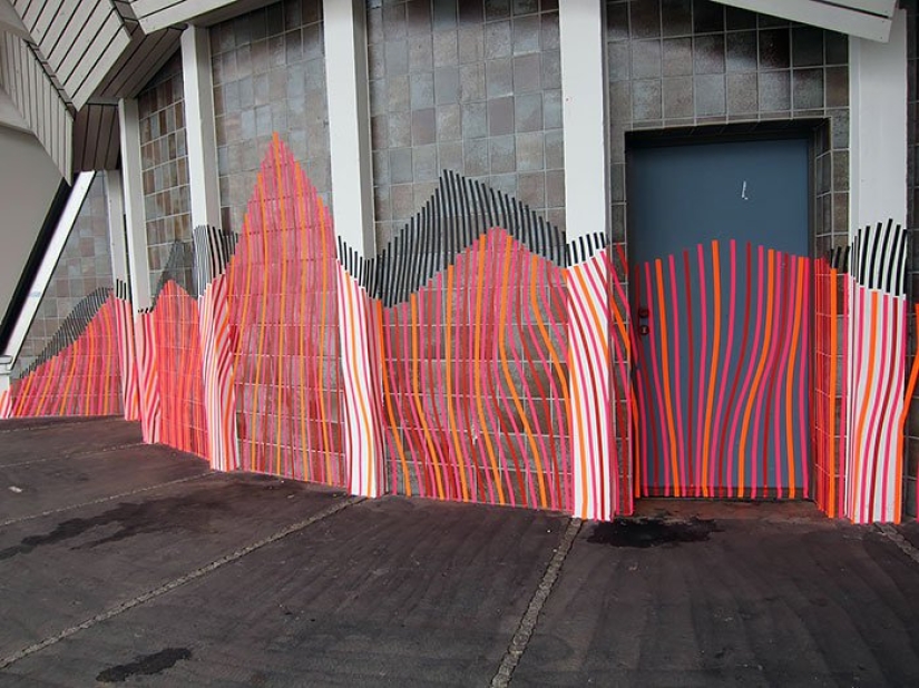 Electrical tape instead of paint. Beautiful street art from improvised materials
