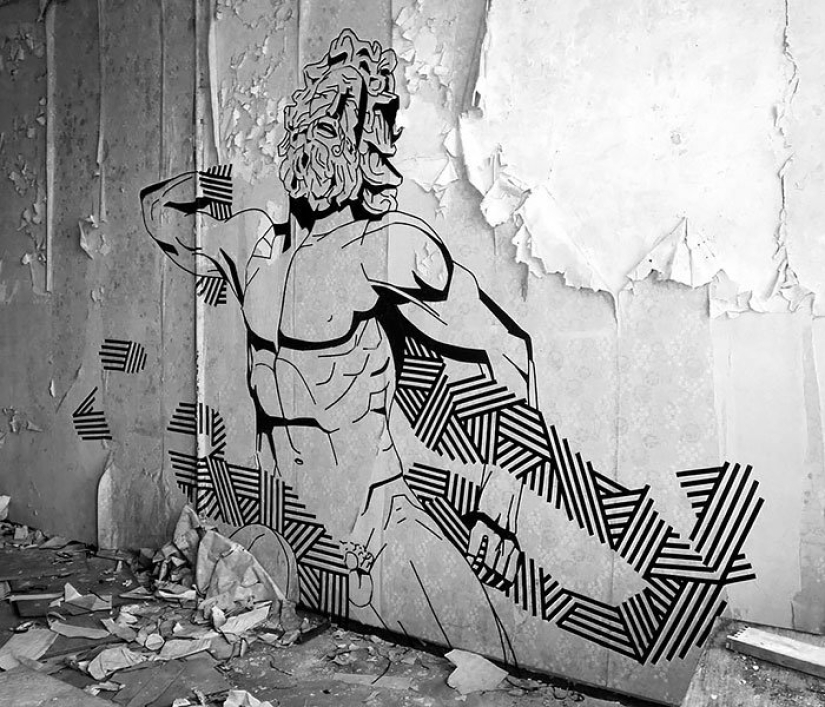 Electrical tape instead of paint. Beautiful street art from improvised materials