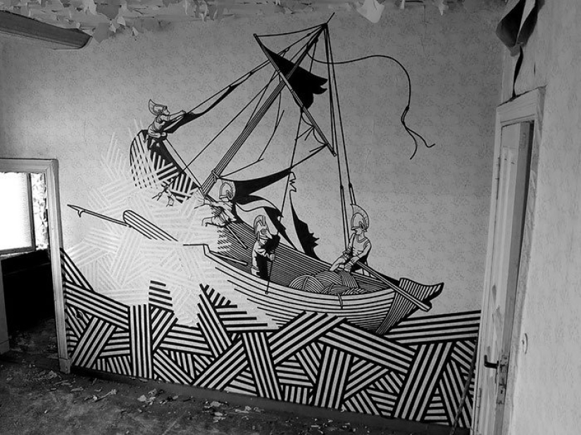 Electrical tape instead of paint. Beautiful street art from improvised materials