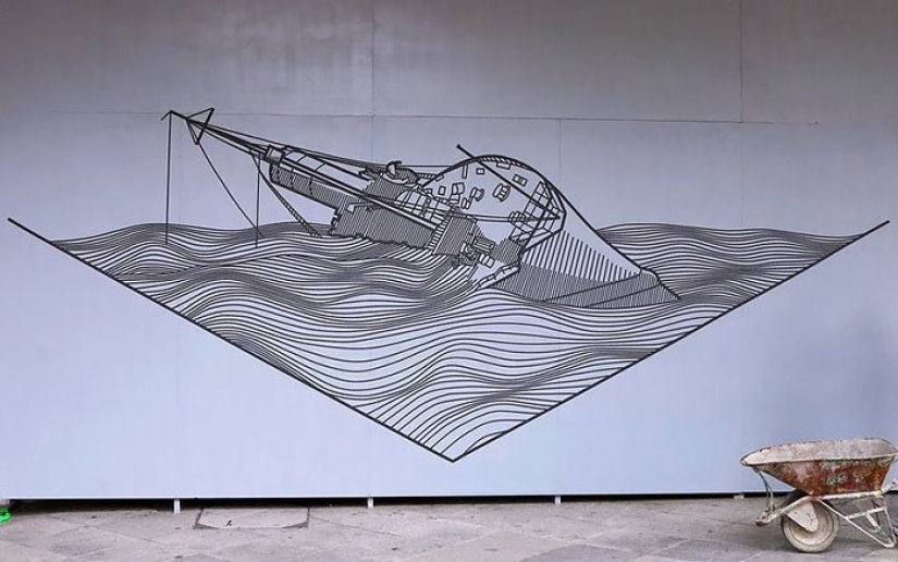 Electrical tape instead of paint. Beautiful street art from improvised materials