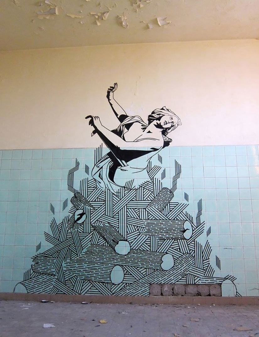 Electrical tape instead of paint. Beautiful street art from improvised materials