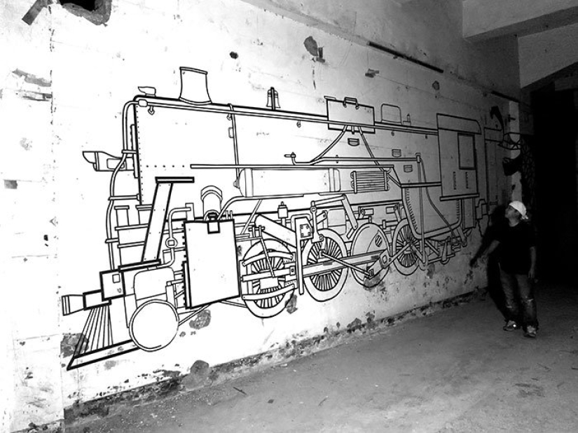 Electrical tape instead of paint. Beautiful street art from improvised materials
