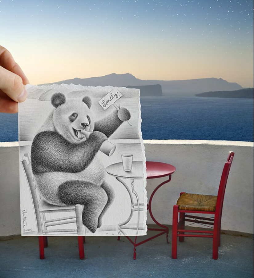 Este artista fusiona sus ilustraciones a lápiz con la fotografía y el efecto es único