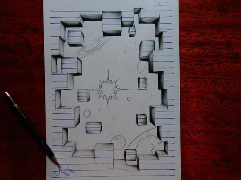 Fantastic 3D illusions on ordinary sheets in a line Fantastic 3D illusions on ordinary sheets in a line