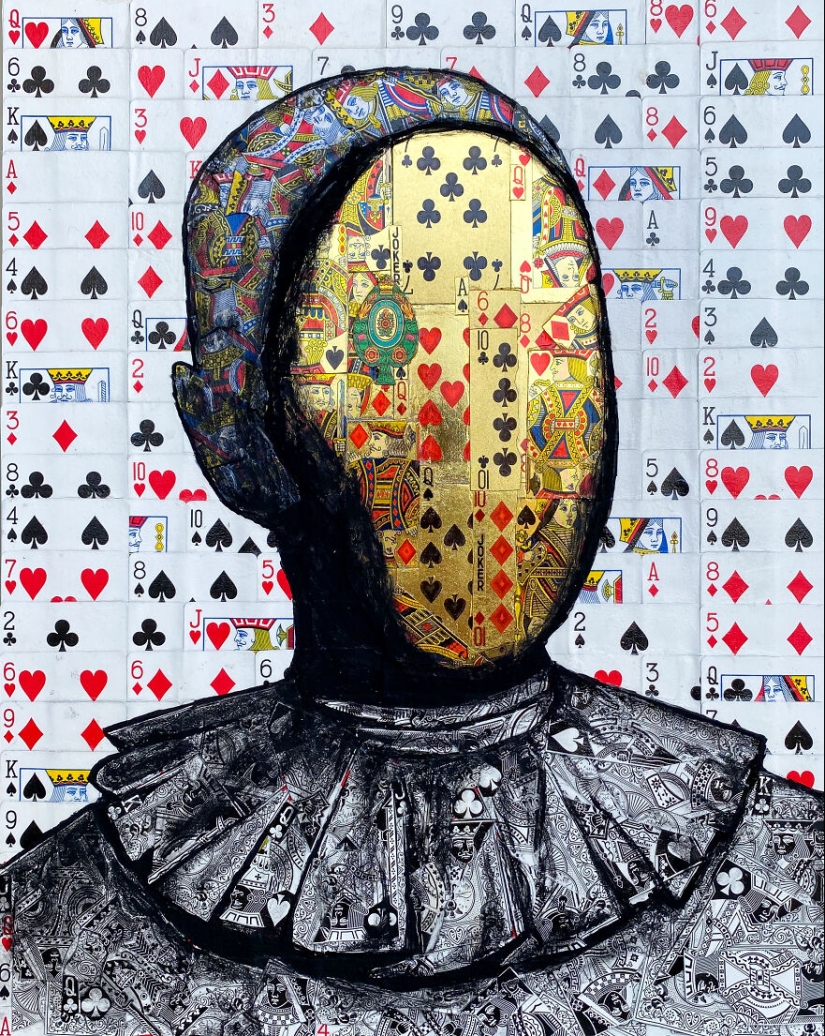 I Make Unique Collage Paintings By Using Only Playing Cards And Black Paint (18 Pics)