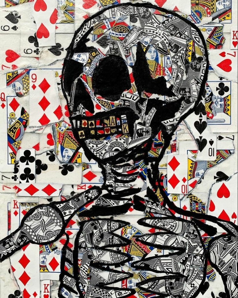 I Make Unique Collage Paintings By Using Only Playing Cards And Black Paint (18 Pics)