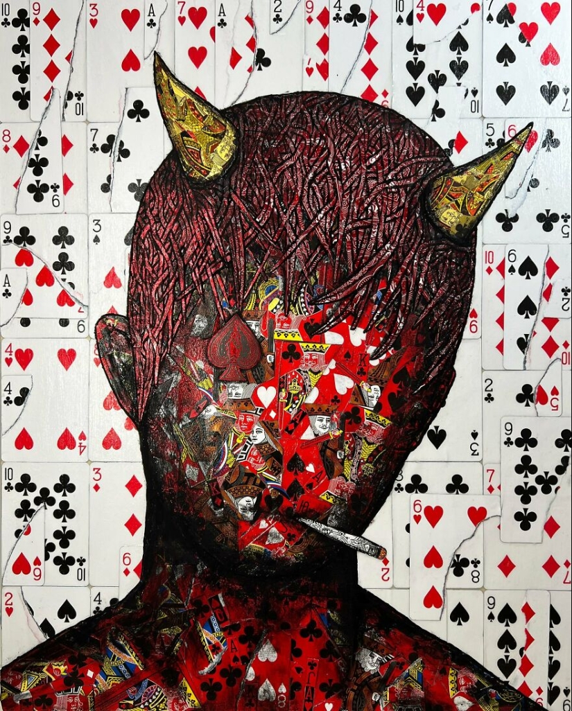 I Make Unique Collage Paintings By Using Only Playing Cards And Black Paint (18 Pics)