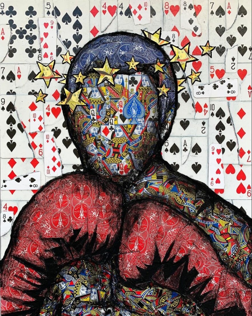 I Make Unique Collage Paintings By Using Only Playing Cards And Black Paint (18 Pics)