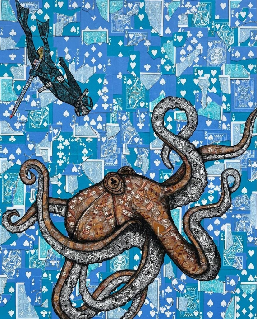 I Make Unique Collage Paintings By Using Only Playing Cards And Black Paint (18 Pics)