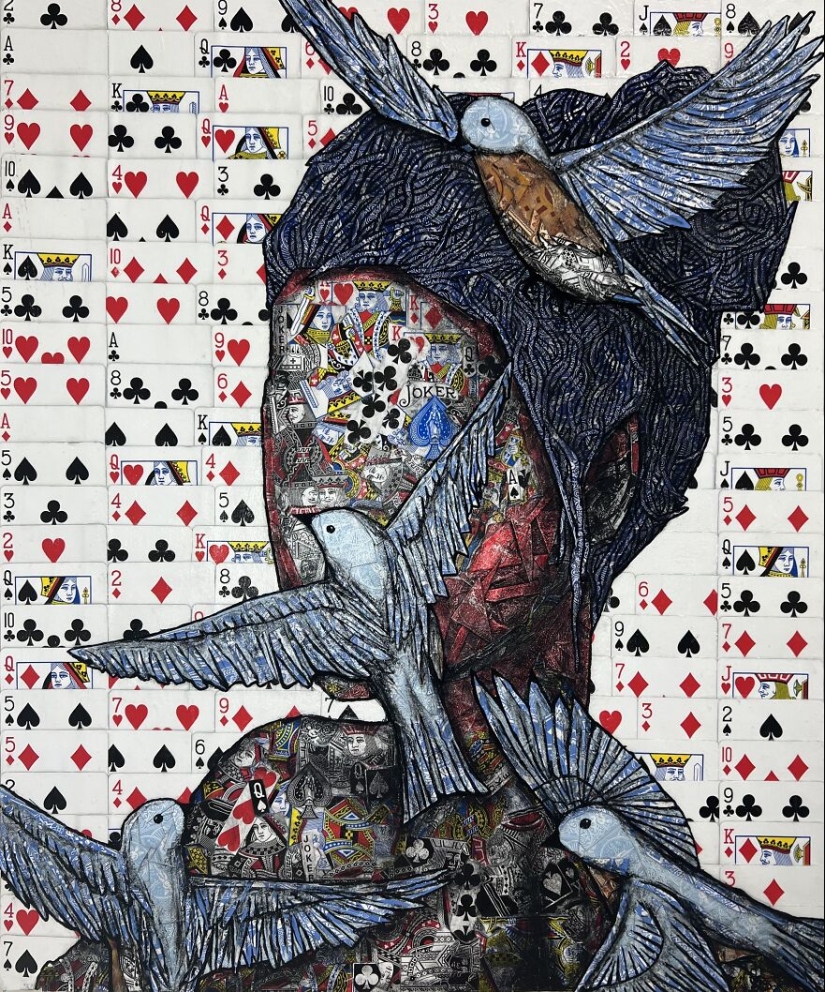I Make Unique Collage Paintings By Using Only Playing Cards And Black Paint (18 Pics)