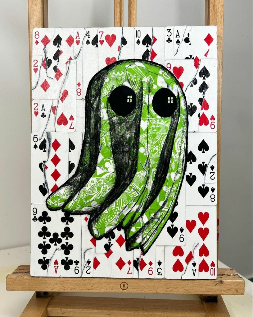 I Make Unique Collage Paintings By Using Only Playing Cards And Black Paint (18 Pics)